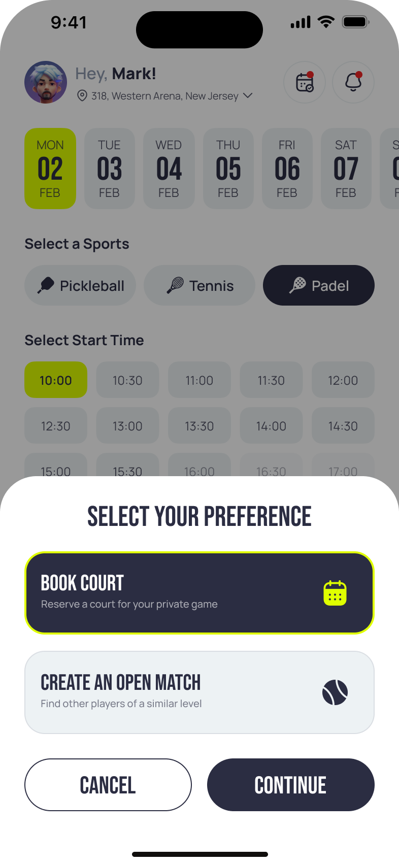 Private and public match booking app screen